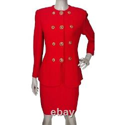 Vintage St John Red Knit Peplum Blazer Pencil Skirt Power Suit Gold Buttons