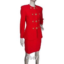 Vintage St John Red Knit Peplum Blazer Pencil Skirt Power Suit Gold Buttons