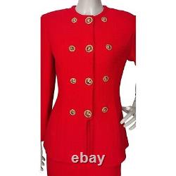 Vintage St John Red Knit Peplum Blazer Pencil Skirt Power Suit Gold Buttons