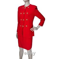 Vintage St John Red Knit Peplum Blazer Pencil Skirt Power Suit Gold Buttons