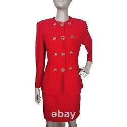 Vintage St John Red Knit Peplum Blazer Pencil Skirt Power Suit Gold Buttons