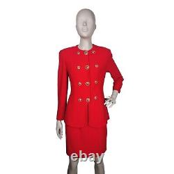 Vintage St John Red Knit Peplum Blazer Pencil Skirt Power Suit Gold Buttons