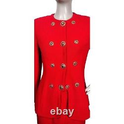 Vintage St John Red Knit Peplum Blazer Pencil Skirt Power Suit Gold Buttons