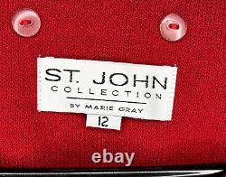 Vintage St John Womens 12 Red Santana Knit Long Cardigan Jacket Shoulder Pads