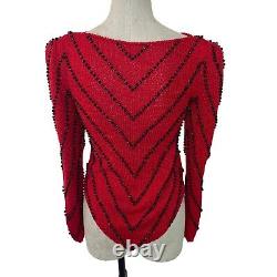 Vintage Sweater Womens Size Small Red Knit Jeweled Puff Shoulder Boat Neck