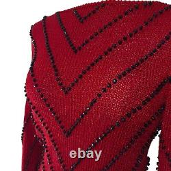 Vintage Sweater Womens Size Small Red Knit Jeweled Puff Shoulder Boat Neck