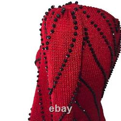 Vintage Sweater Womens Size Small Red Knit Jeweled Puff Shoulder Boat Neck