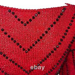 Vintage Sweater Womens Size Small Red Knit Jeweled Puff Shoulder Boat Neck