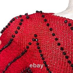 Vintage Sweater Womens Size Small Red Knit Jeweled Puff Shoulder Boat Neck