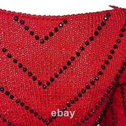 Vintage Sweater Womens Size Small Red Knit Jeweled Puff Shoulder Boat Neck