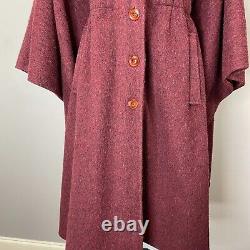 Vintage Thick Wool Cape Coat Elastic Cinched Waist Midi Long Length Dark Red