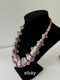 Vintage Tibetan Repousse Red Stone Necklace