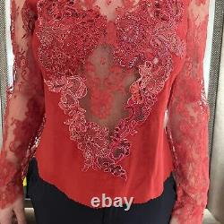 Vintage Top Womens Red Suede Leather Lace Hand Beaded Back Zip Long Sleeve Boho