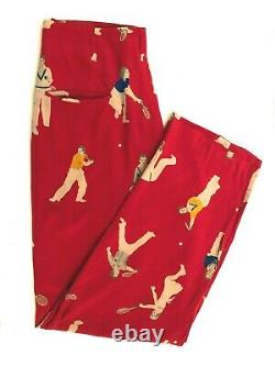 Vintage Unique Red Silk Tennis Players Print woman's Relaxed pants trousers MED