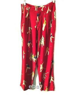 Vintage Unique Red Silk Tennis Players Print woman's Relaxed pants trousers MED