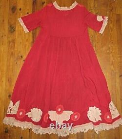 Vintage Upcycled Red Rose Gypsy Queen Boho Rustic Lace Long Dress szM