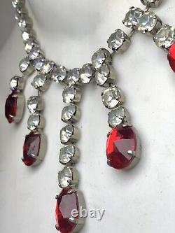 Vintage WEST GERMANY Signed Art Deco Red Rhinestone Collar Fringe Necklace