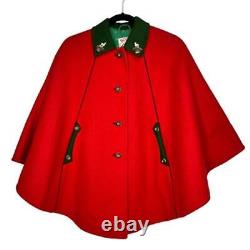 Vintage Womens Boos Cape Red Solid Buttons Draped Wool Blend Embellished XS/S