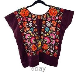 Vintage Womens Huipil Poncho Top Burgundy Floral Handwoven Embroidered Fabric