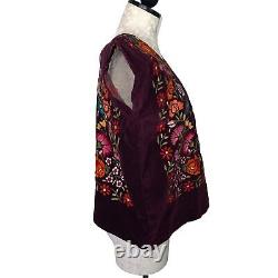 Vintage Womens Huipil Poncho Top Burgundy Floral Handwoven Embroidered Fabric
