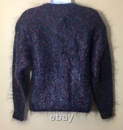 Vintage Womens Small Handmade Blue And Red Mohair Sweater Button Front S Hairy