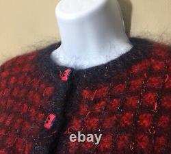 Vintage Womens Small Handmade Blue And Red Mohair Sweater Button Front S Hairy
