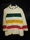 Vintage Woolrich S Cream White Hudson Bay Stripe Coat Hood Wool Usa Yellow Red