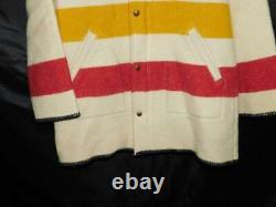 Vintage Woolrich S Cream White Hudson Bay Stripe Coat Hood Wool USA Yellow Red