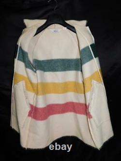 Vintage Woolrich S Cream White Hudson Bay Stripe Coat Hood Wool USA Yellow Red