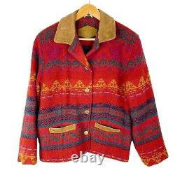 Vintage Woolrich Womens Red Floral Aztec Wool Leather Southwestern Jacket Size M