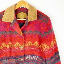 Vintage Woolrich Womens Red Floral Aztec Wool Leather Southwestern Jacket Size M