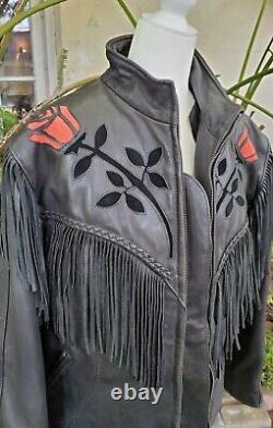 Vintage XX Large Red Rose Embroidered Ladies Biker Leather Jacket & Chaps Set