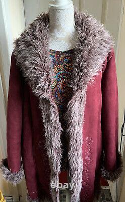 Vintage Y2k Burgundy Afghan Penny Lane Coat Jacket UK20 Hippy Boho