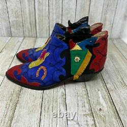 Vintage Zalo Womens Ankle Western Cowboy Boots Blue Red Leather Fringe 6 M