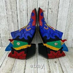 Vintage Zalo Womens Ankle Western Cowboy Boots Blue Red Leather Fringe 6 M