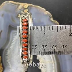 Vintage Zuni Native American Silver Coral Row Bracelet For Women