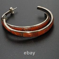 Vintage Zuni Red Coral Inlay Sterling Silver Hoop Earrings