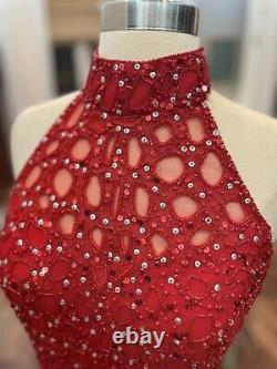 Vintage cache red dress 100% silk halter beaded Size women's 6