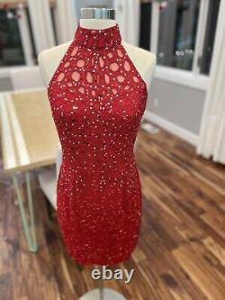 Vintage cache red dress 100% silk halter beaded Size women's 6