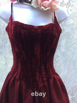 Vintage dark red velvet satin gothic bustier corset ball gown maxi prom dress