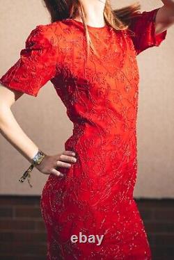 Vintage red beads dress 100% silk beaded cocktail party evening dress