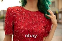 Vintage red beads dress 100% silk beaded cocktail party evening dress