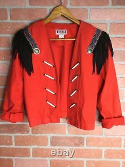Vintage womens Denim open front Jacket Red Western Fringe Southwest Aztec