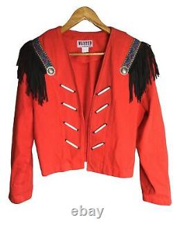 Vintage womens Denim open front Jacket Red Western Fringe Southwest Aztec
