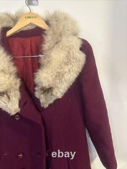 Vintage womens fox fur Thick trim wool Burgundy peacoat Stunning
