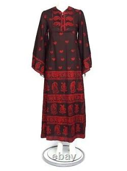 Vtg 70's Indian Brown Red Paisley Floral Front Tie Bell Sleeve Maxi Dress /842