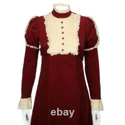 Vtg 70's Red Velour High Collar Lace Maxi Gothic Medieval Victorian Dress /711