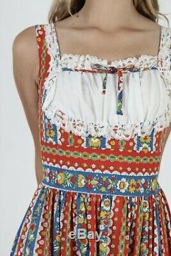 Vtg 70s Country Dirndl Dress German Folk Porch Prairie Red Cotton Floral Maxi
