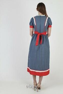 Vtg 70s Country Folk Dress Chambray Eyelet Lace Red RicRac Prairie Chore Maxi