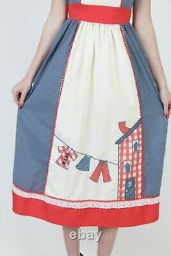 Vtg 70s Country Folk Dress Chambray Eyelet Lace Red RicRac Prairie Chore Maxi